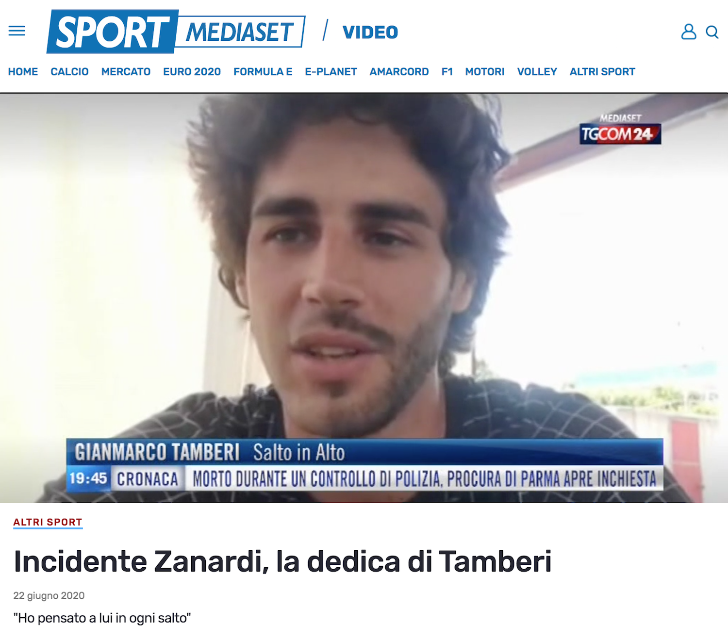Incidente Zanardi, la dedica di Tamberi